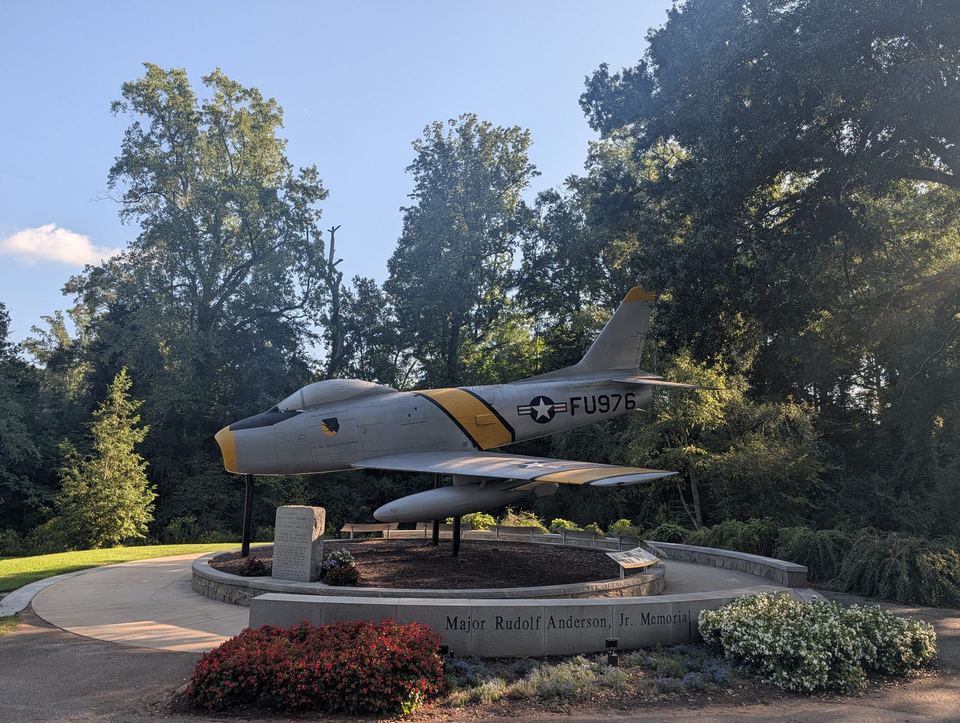 Jet aircraft on a pedestal at the Major Rudolf Anderson Jr. memorial in Cleveland Park.