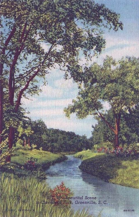 Tinted 1944 postcard of a stream winding between grassy banks beneath tall trees in Cleveland Park.